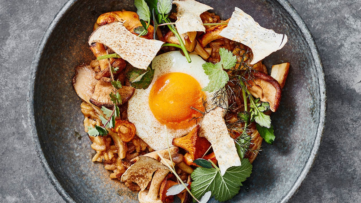 Risotto met gebakken paddenstoelen, waterkers en een spiegeleitje Risotto met gebakken paddenstoelen, waterkers en een spiegeleitje